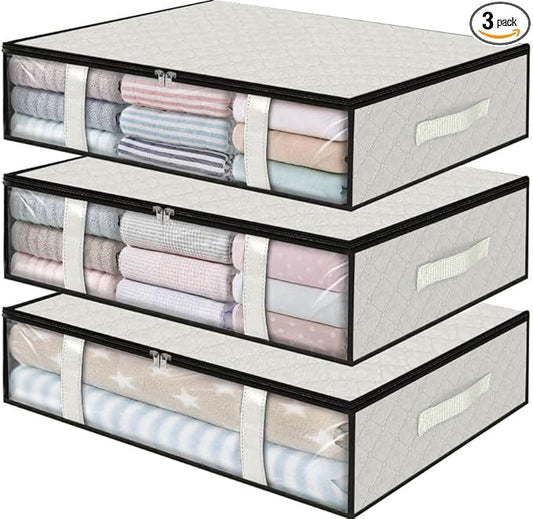 StorageRight Under Bed Storage Bags 3 Pack, 40L Large Clothes & Comforter Storage Containers with Clear Window, Breathable Fabric Organizer for Blankets, Bedding, Seasonal Clothing, White