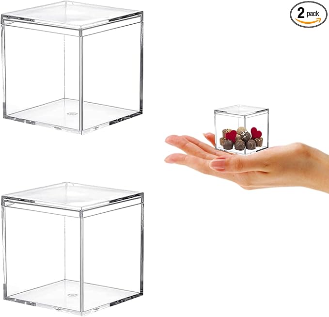KissYou Small Acrylic Box Clear Display Case Plastic Square Cube 2 Packs Candy Box with Lid Jewelry Storage Contanier
