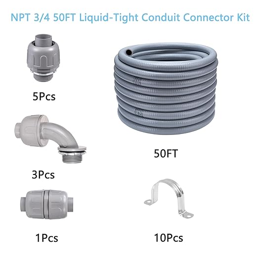 50FT NPT 3/4 Inch Liquid Tight Connector Non-Metallic PVC Electrical Flexible Conduit Fittings, UL Listed - with 5 Straight, 3 Curved and 1 Double-Port Connector