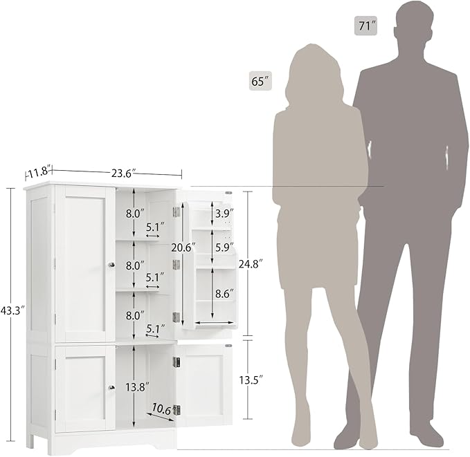 TEENFON 43'H Pantry Cabinet with 4 Doors, Kitchen Cabinet with 6 Door Shelves, Kitchen Pantry for Living Room, Dining Room, Bathroom, White