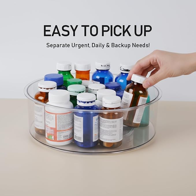 Medicine Bottle Organizer, Rotating Medicine Organizer for Cabinet, 9" Diameter, Transparent Rotary Turntable Organizer for Empty Pill Bottles Medication Supplements Vitamins