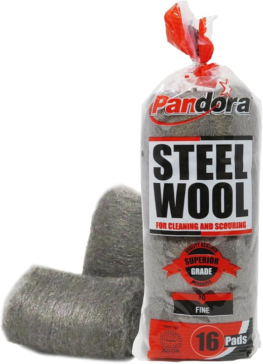 Pandora Steel Wool #0 - Fine Grade, 16 Pads for Cleaning and Scouring- Quality Metal Strands - Ideal for Cleaning Porcelain, Tile, Grout, and Shower Doors