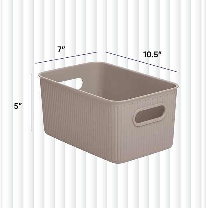 Decorative Plastic Basket Open Home Storage Bins Organizer Baskets, Medium Taupe (4 Pack) Container Boxes for Organizing Closet Storage Bins for Shelves Drawer Shelf - Ribbed Collection 5 Liter