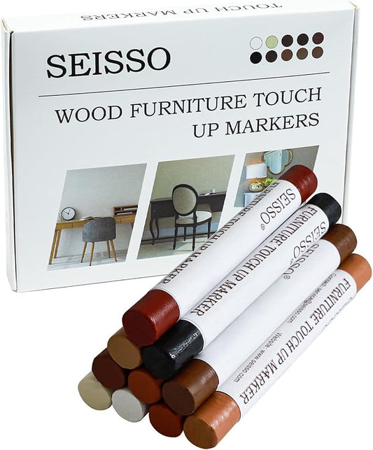 SEISSO Wood Furniture Markers Touch Up, Wood Floor Scratch Repair Kit, Wood Filler Wax Stick Crayons for Wooden Floor Table Door Cabinet Scratches Holes Floor Laminate Carpenters, 10 Colors