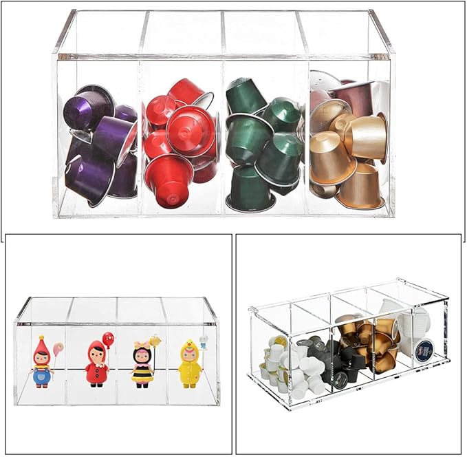 Acrylic Storage Case 4-compartment Display Box with Hinged Lid, Organizer for Coffee Capsules and Small Items, 30x8.6x7cm, Modular Stackable Container for Home and Office