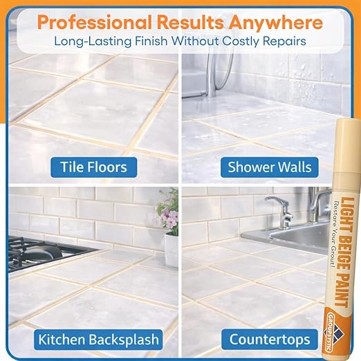 Light Beige Grout Paint Pen Restore and ReColor Your Grout Colors & Seals Fast Drying, Waterproof, Long Lasting for Bathroom, Showers & Kitchen Floors
