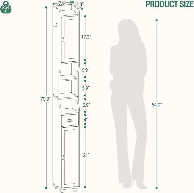 Bathroom Storage Cabinet, Narrow Tall Bathroom Cabinet, Freestanding Floor Cabinets with 2 Doors and 1 Drawer, Toilets Organizer with Adjustable Shelf, 1 Hook for Small Spaces, Black