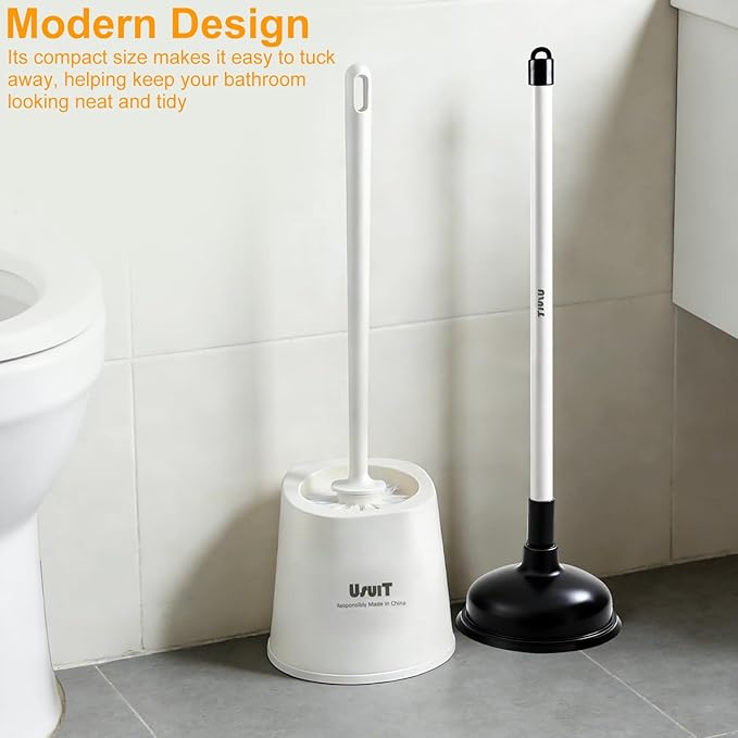 Toilet Brush with Plunger Set, Black, Plastic, 2 Piece Bathroom Cleaning Tool Kit with Holder