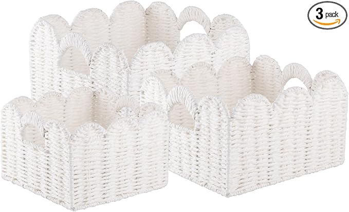 OIAHOMY Scalloped Wicker Baskets, Hand-woven Storage Baskets with Built-in Handles, Paper Rope Shelf Baskets for Organizing and Decoration, Set of 3-White