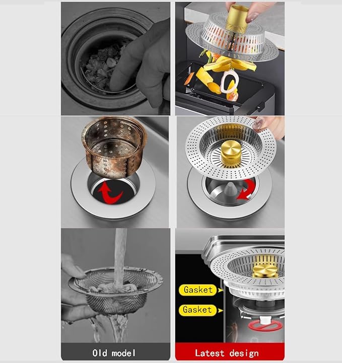 Upgraded Anti-Clogging Kitchen Sink Filter: 3-in-1 Stainless Steel Stopper for Quick Drainage and Odor Prevention（2pack） (Golden)