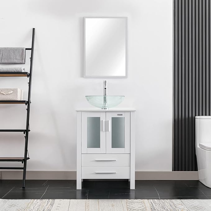 eclife 24" Modern Bathroom Vanity Sink Combo Freestanding Cabinet with Soft Closing Door, Clear Round Glass Vessel Sink, Water Save Faucet, Drain (White+A16)