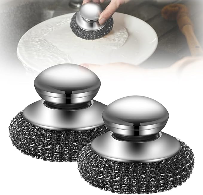 Stainless Steel Wool Scrubber with Handle,2025 New Steel Wool Scrubber with Handle,Replaceable Steel Brush Wool Pads,Detachable Metal Scrubber for Dishes,Iron Pots,Stoves (Scrubber/2pcs)