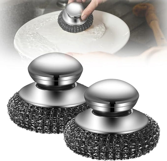 Stainless Steel Wool Scrubber with Handle,2025 New Steel Wool Scrubber with Handle,Replaceable Steel Brush Wool Pads,Detachable Metal Scrubber for Dishes,Iron Pots,Stoves (Scrubber/2pcs)