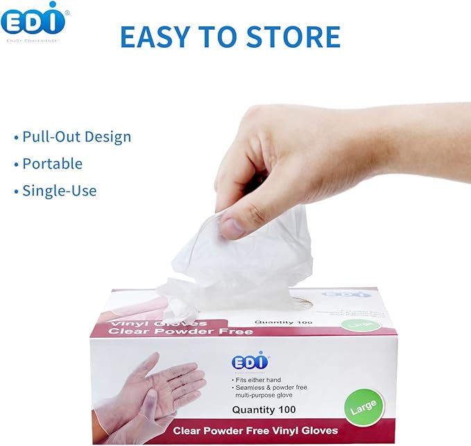 EDI Clear Powder Free Vinyl Glove,4.3 mil,Disposable glove,Industrial Glove,Clear, Latex Free and Allergy Free, Plastic, Work, Food Service, Cleaning,100 gloves per box (1000, large)