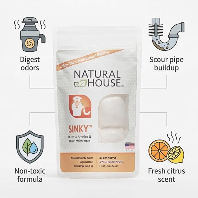 Natural House Sinky - Probiotic Garbage Disposal & Drain Cleaner Pods - Breaks Down Grease - Citrus Scent - Septic Safe - 4 Pack