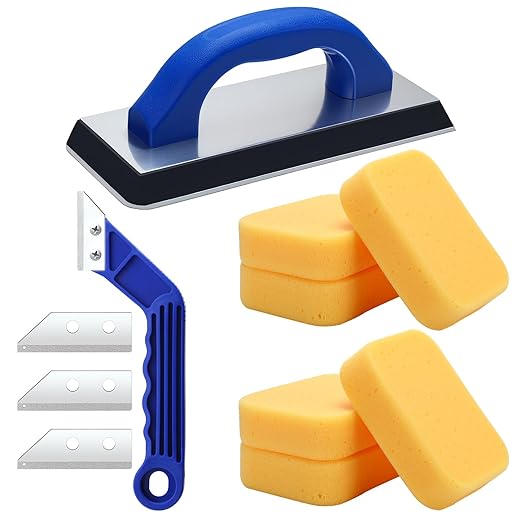 Blulu 11 Pcs Grout Float Sets Include 9.5 x 4 Inch Molded Rubber Grout Float, 6 Sponge, Angled Tile Saw with 3 Blades Replacement, Removal Tool for Masonry Stucco Drywall Concrete (Blue)