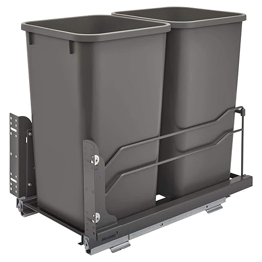 Rev-A-Shelf Double Pullout Trash Can for Base Kitchen Cabinets 27 qt. 12.5 Gallon with Soft-Close Slides, Orion Gray, 53WC-1527SCDM-213