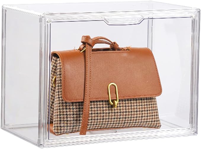 FABROK Clear Book Storage Organizer Box, Plastic Stackable Book Display Case with Magnetic Door, Assemble Storage Showcase for Toy Dolls, Books, Handbags, Shoes Organizing