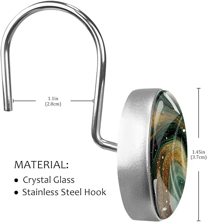 Green Marble Shower Curtain Hooks, 12Pcs Decorative Rust Resistant Shower Rings for Shower Curtain Rods, Stainless Steel Round Curtain Hooks for Bathroom, Bedroom, Farmhouse