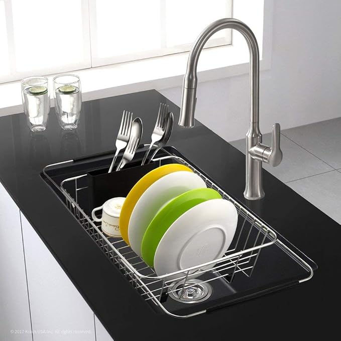 SANNO Expandable Pull Out Drawer Organizer and Storage for Kitchen Organization, Over The Sink Expandable Dish Drying Rack, Dish Drainer, Dish Rack Dish Drainer Rack, Stainless Steel