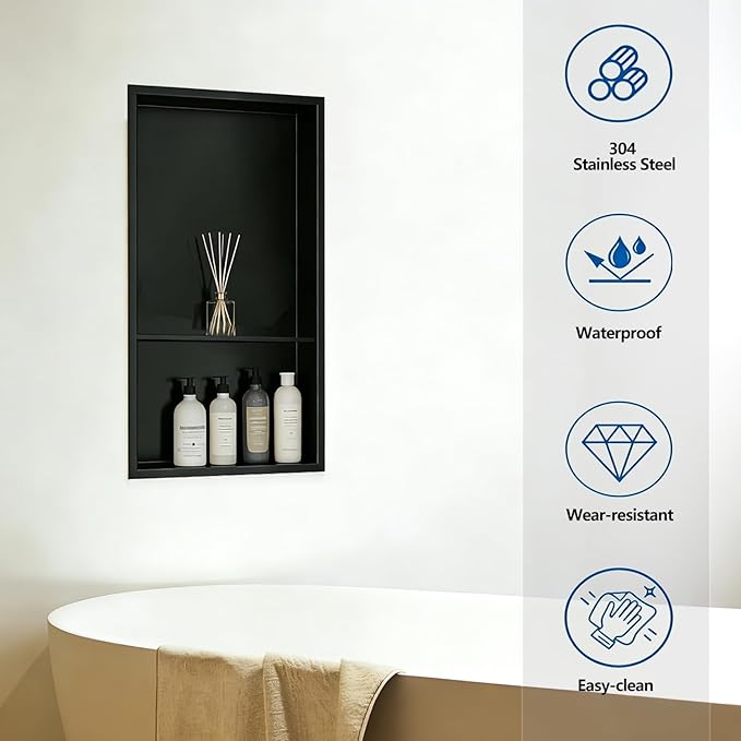 Recessed Wall Niche Cabinet 18" x 12", Matte Black Stainless Steel, No Tile Needed, with 1 Centered Shelf, Shower Niche Storage