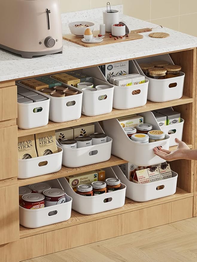 White Plastic Bins/Storage Organizers - Pantry Baskets, Bins for Shelves, Organizer and Storage for Bathroom, Bedrooms, Kitchens and More - Medium Size (3 Pack)