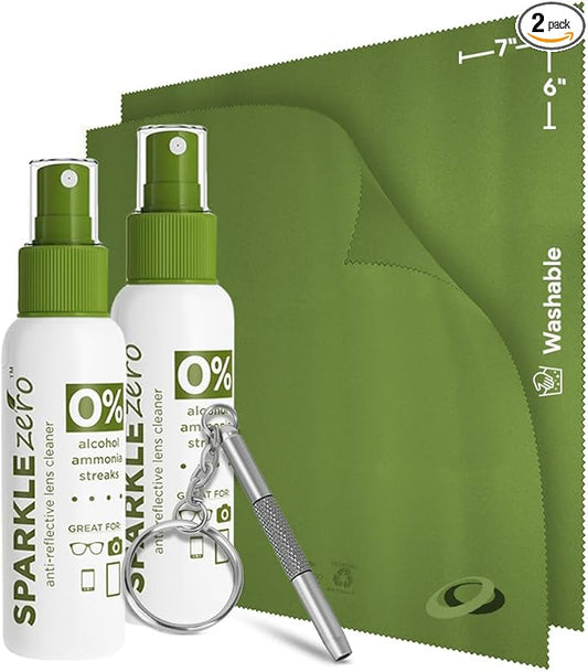 Sparkle Anti-Reflective Eco-Friendly Lens Cleaner & Repair Kit – (2) 2oz Glasses Cleaner Spray, (2) Microfiber Cloths & Keychain Screwdriver for Eyeglasses, Sunglasses, Lenses & Screens (5 Piece Set)