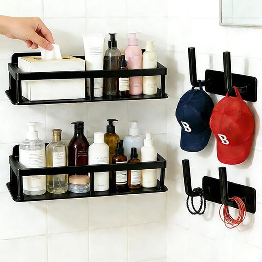 2pc Wall Mounted Floating Shelf, Detachable Storage Rack,No Drill Shelves for Wall,Floating Shelves Damage-Free Expand Walls Space for Living Room Kitchen Bathroom (4, Black)