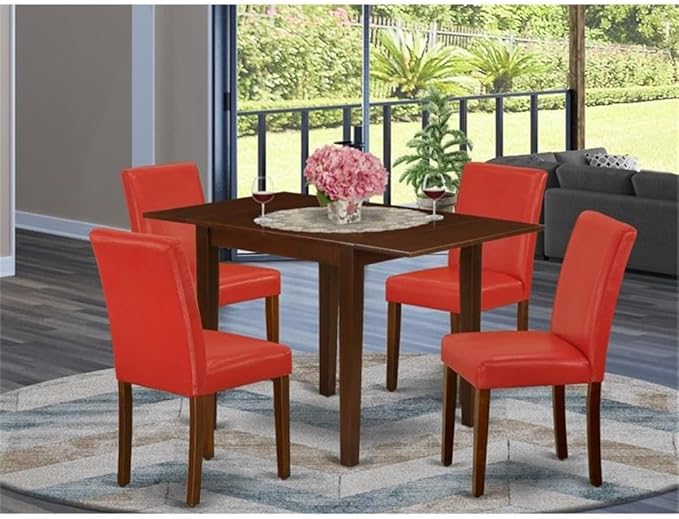 East West Furniture 1NDAB5-MAH-72 5 Piece Dining Table Set Includes a Rectangle Kitchen Table with Dropleaf and 4 FireBrick Red Faux Leather Upholstered Chairs, 30x48 Inch, Mahogany