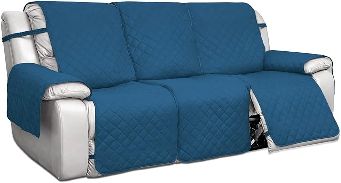 PureFit Water Resistant Reversible Sofa Covers for Reclining Sofa 3 Seat - Non Slip Split Recliner Couch Cover for 3 Cushion Couch, Washable Furniture Protector for Kids, Dogs (Peacock Blue/Beige)
