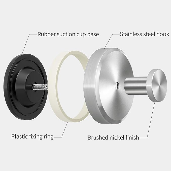 Suction Cup Hooks for Shower, Bathroom, Hanging Towels, Loofah, Mounting on Glass Shower, Tile, Rubber Suction Cup, Brushed Nickel, 2 Pack