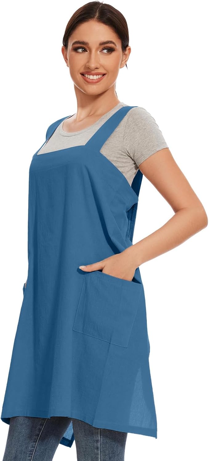 Women Apron with 2 Pockets Cotton Linen Kitchen Baking Cooking Chef Cross Back Pinafore Dress