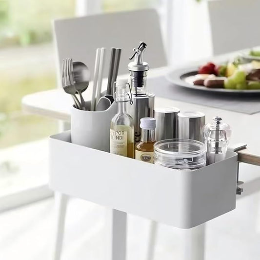 No Drill Desk Side Storage,Hanging Organizer,Clamp on Table Basket,Minimalist,Metal material,To Store Office Accessories, Gaming Devices,Storage for Office & Home,White