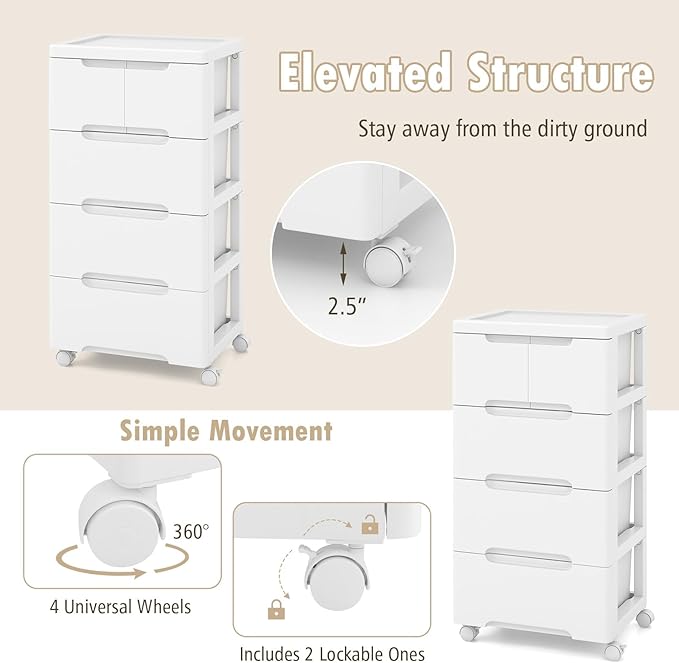 Plastic Storage Drawer Cart, Mobile Utility Cart, Home Craft Organizer with 5 Drawers & Lockable Wheels, Slim Rolling Storage Cart for Living Room, Bathroom, Dorm & Office (16”L x 13”W x 31”H)