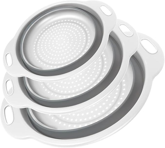 Collapsible Colander 3-Pack Set Space-Saving Foldable Kitchen Strainer with Non-Slip Base Durable Thickened PP+TPE Collapsible Strainers for Pasta, Vegetables, Fruits (Gray-White)