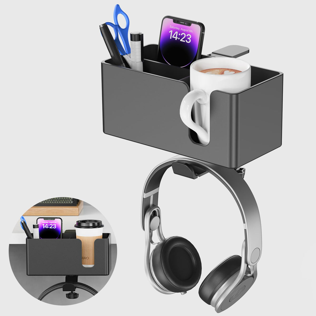 4 in 1 Desk Cup Holder with Headphone Hanger and Pen - Image 1