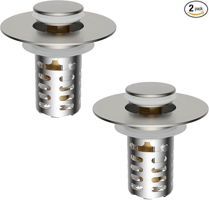 Upgraded Bathroom Sink Drain Strainer Hair Catcher 2PCS Universal 3 in 1 Pop-up Sink Stopper, Fit for 1.1''~2.36'' Basin Hole, with Detachable Stainless Steel Filter Basket, Brushed Nickle