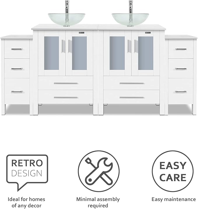 eclife 72" Modern Bathroom Vanity Sink Combo Freestanding Cabinet with Small Side Cabinet, Clear Round Glass Vessel Sink, Water Save Faucet, Drain (White+A16)
