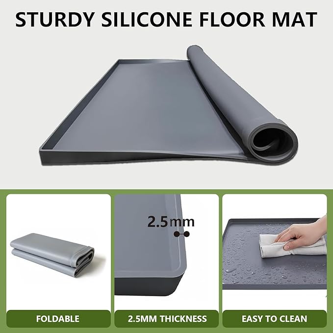 27×27×0.79inch Washing Machine Pan, With Raised Edge Washer Drip Tray, Drain Pan Silicone Mat, Foldable Portable Anti-Vibration Non-Slip Waterproof Pad, Smooth Surface (Grey)