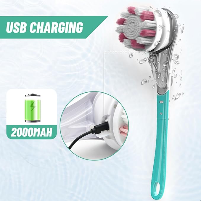 Longzhuo Electric Back Scrubber for Shower with 6 Brush Heads, Rechargeable Bath Brush, Electric Body Scrubber with Long Handle, for Cleanse, Massage, Exfoliate and Pamper Your Skin (Sapphire Blue)