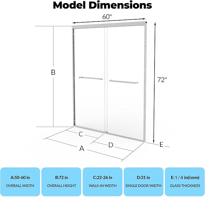 Semi-Frameless Shower Door 56-60" W x 72" H, Double Sliding Doors, Tempered Glass, Easy-Clean & Durable Bathroom Door with Hardware Kit