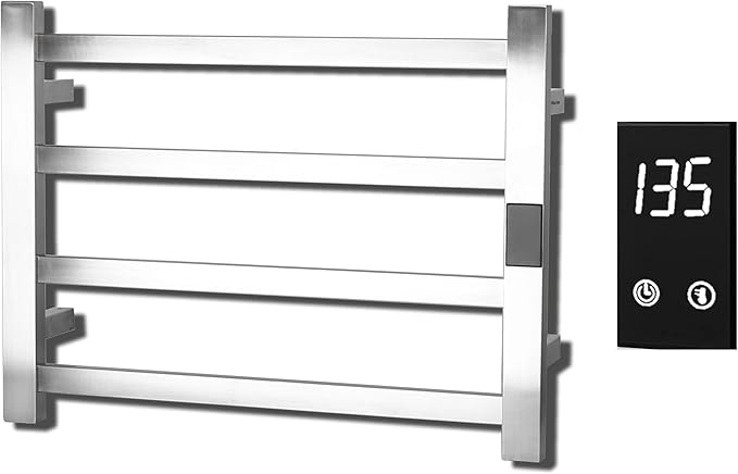 Electric Towel Warmer | Super Thin | with Timer & Temperature Multi-Level Adjustments | Hardwired & Plug-in | 4 Bar | Brushed Finish