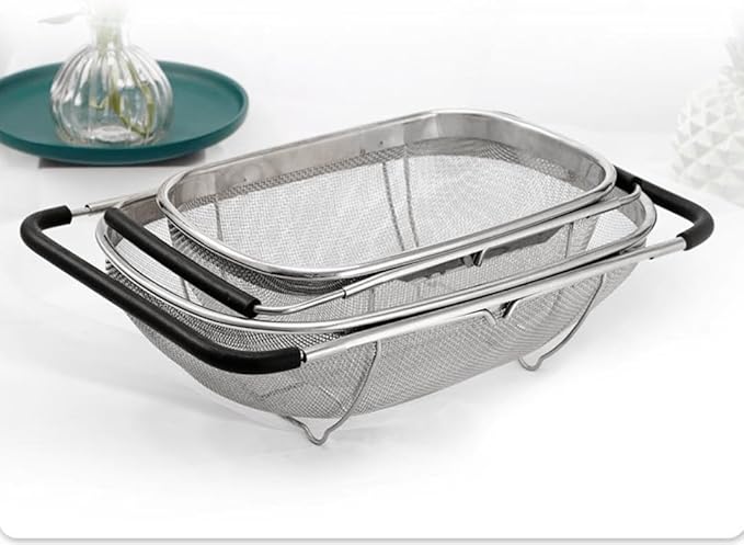 4qt Stainless Steel Oval Strainer Basket Colander, Over The Sink Fine Mesh Expandable, Colander For Kitchen Sink, Vegetables, Strain, Drain, Rinse Fruits (4 Quart Strainer Basket)