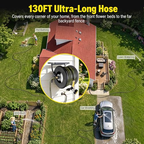 Heavy Duty Wall Mounted Garden Hose Reel, 130ft Rubber Hose 5ft - Image 7