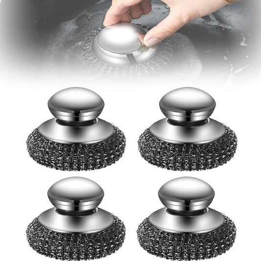 Steel Wool Scrubber, 2024 Upgraded Stainless Steel Wool Scrubber with Handle, Detachable Metal Scrubber Wool Pads Cleaning Brush for Pots, Stoves, Grills, Dishes(4PCS)