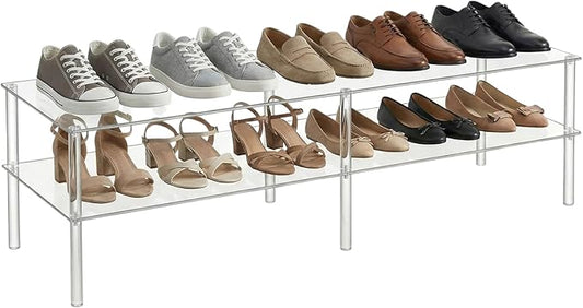 2 Tier Acrylic Long Shoe Shelf Clear Acrylic Shoe Organizer, 42.5" L x 11.8" W x 12.2" H, Holds 10 to 12 Pairs for Heels, Sneakers, Flats in Closet, Entryway, Bedroom, Easy Assembly & Clean