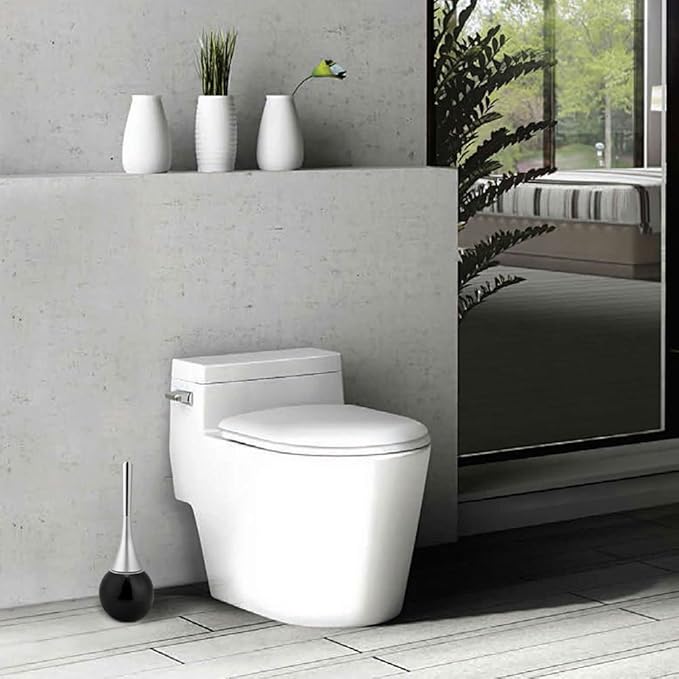 Toilet Brush Set, Stainless Steel Base Water Proof and ABS Plastic Handle Anti Impact, with Concealed Holder for Modern Bathroom Decor (Black Base)