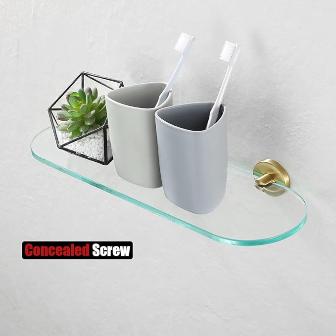 JQK Bathroom Glass Shelf Gold, Tempered Glass Shower Storage 16 by 5 inches, 304 Stainless Steel Brushed Gold Wall Mount 2 Pack, TGS121L16-BG-P2