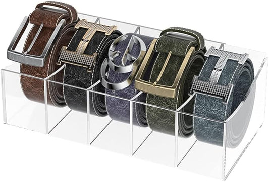 Belt Organizer, Acrylic Belt Storage Holder for The Closet and Drawer, 5 Compartments Belt Container Clear Display Case for Tie and Bow Tie