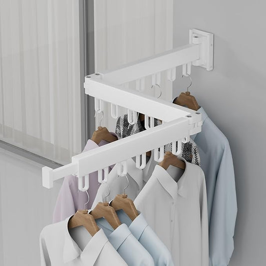 Clothes Drying Rack, Laundry Drying Rack Wall Mount for Bathroom, Retractable and Foldable Clothes Hanging Rack with U-Hooks for Laundry Room, Balcony, Closet, Bedroom(Tri-Fold), White